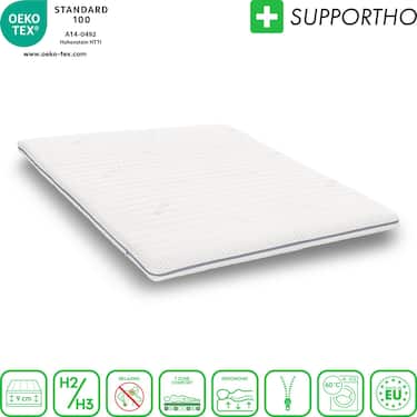 Kaltschaumtopper Supportho Premium Topper 120 x 200 cm H3, Höhe 9 cm, Härtegrad H3 mit antibakteriellem Bezug CloudComfort Basic Gel-Flocken Kissen 40 x 80 cm