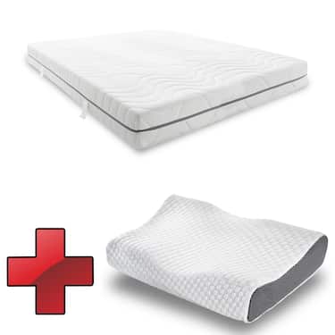 7 Zonen Viskoelastik-Matratze Sleezzz Smart 120 x 200 cm, Höhe 18 cm, Härtegrad H3 mit Air Memoryschaum + Sleezzz Premium orthopädisches Gel-Effekt Nackenstützkissen 32 x 60 cm 