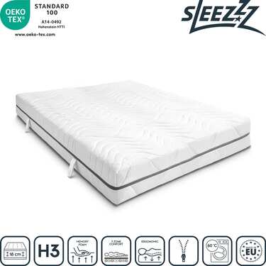 7-strefowy materac wiskoelastyczny Sleezzz Smart 140 x 190 cm, wysokość 18 cm, poziom twardości H3 z pianką z pamięcią powietrza + poduszka żelowa Sleezzz® Premium