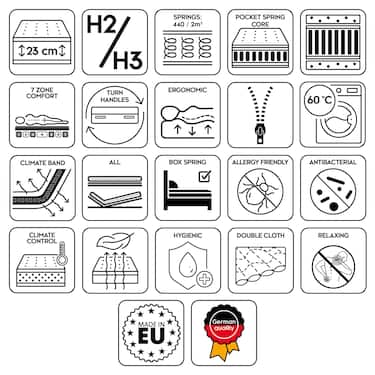 7 Zonen orthopädische Taschenfederkernmatratze Sleezzz Premium 80 x 200 cm, Höhe 23 cm, Härtegrad H2/H3