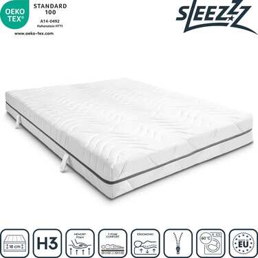 7 Zonen Viskoelastik-Matratze Sleezzz Smart 180 x 200 cm, Höhe 18 cm, Härtegrad H3 mit Air Memoryschaum + 2 x Sleezzz® Smart höhenverstellbares Kissen