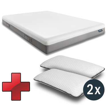 Viskoelastik-Matratze Sleezzz Premium 180 x 200 cm, Höhe 20 cm, Härtegrad H2/H3, mit Wendegriffen + 2 x Sleezzz® Smart höhenverstellbares Kissen