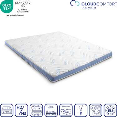 Kaltschaumtopper CloudComfort Cool 160 x 200 cm H2/H3, Höhe 7 cm, Härtegrad H2/H3, 7-Zonen Topper mit Sommer- und Winterseite + Sleezzz® Cool Kühl-Effekt Kissen