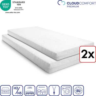 Dvigubas "Premium" 7 zonų čiužinys 100x200 cm "CloudComfort", aukštis 15 cm, kietumo lygis H2/H3, dvivietis rinkinys