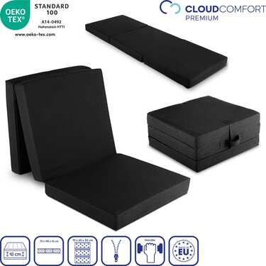 CloudComfort Premium Klappmatratze 70 x 195 cm schwarz , 10 cm hoch mit Möbelstoff bezogen