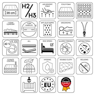 Viskoelastik-Matratze Sleezzz Premium 120 x 200 cm, Höhe 20 cm, Härtegrad H2/H3, mit Wendegriffen + Sleezzz® Cool Kühl-Effekt Kissen gratis